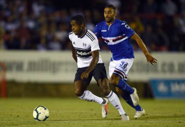 Fulham’s Ryan Sessegnon and Sampdoria’s Gregoire Defrel battle for the ball during the pre-season friendly match at the Recreation Ground, Aldershot.