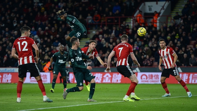 SHEFFIELD, ENGLAND - DECEMBER 05: Allan Saint-Maximin of Newcastle United (10) scores the opening goal during the Premier League match between Sheffield United and Newcastle United at Bramall Lane on December 05, 2019 in Sheffield, United Kingdom. (Photo by Serena Taylor/Newcastle United via Getty Images)