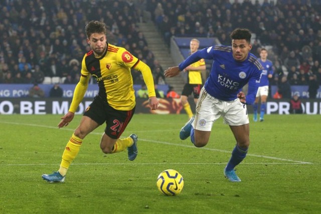 LEICESTER, ENGLAND - DECEMBER 04: Leicester City’s James Justin and Watford’s Kiko Femenia during the Premier League match between Leicester City and Watford FC at The King Power Stadium on December 4, 2019 in Leicester, United Kingdom. (Photo by Stephen White - CameraSport via Getty Images)